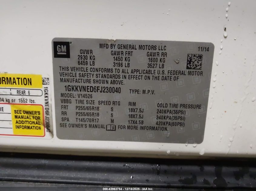2015 GMC Acadia Sle-1 VIN: 1GKKVNED6FJ230040 Lot: 43963754