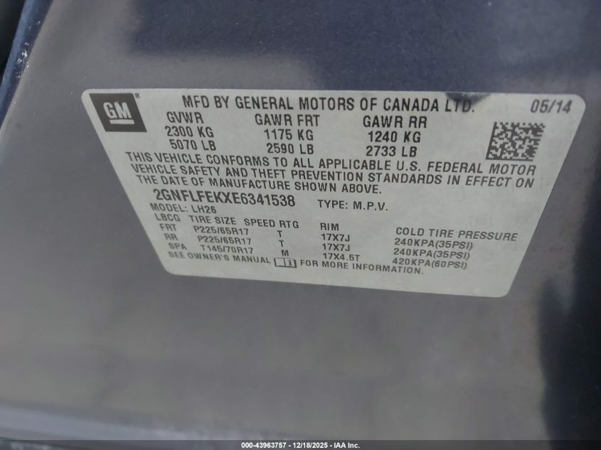 2014 Chevrolet Equinox 1Lt VIN: 2GNFLFEKXE6341538 Lot: 43963757