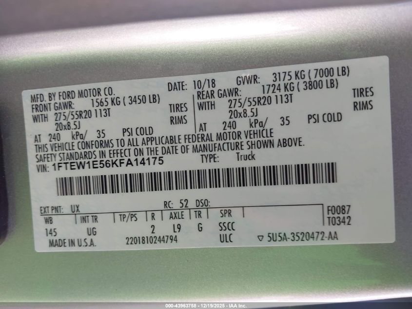 2019 Ford F-150 Xlt VIN: 1FTEW1E56KFA14175 Lot: 43963758