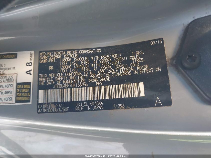 2013 Toyota Fj Cruiser VIN: JTEBU4BF7DK168956 Lot: 43963760