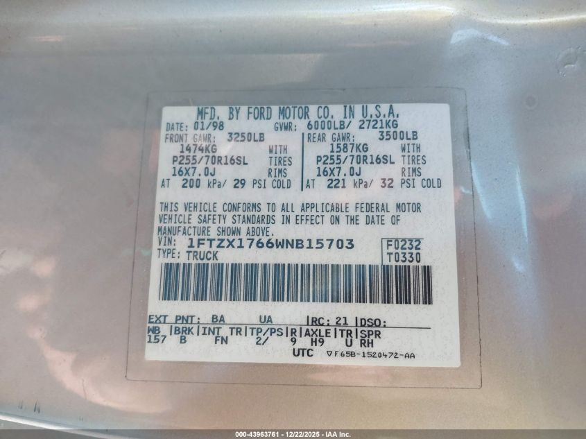 1998 Ford F-150 Lariat/Standard/Xl/Xlt VIN: 1FTZX1766WNB15703 Lot: 43963761