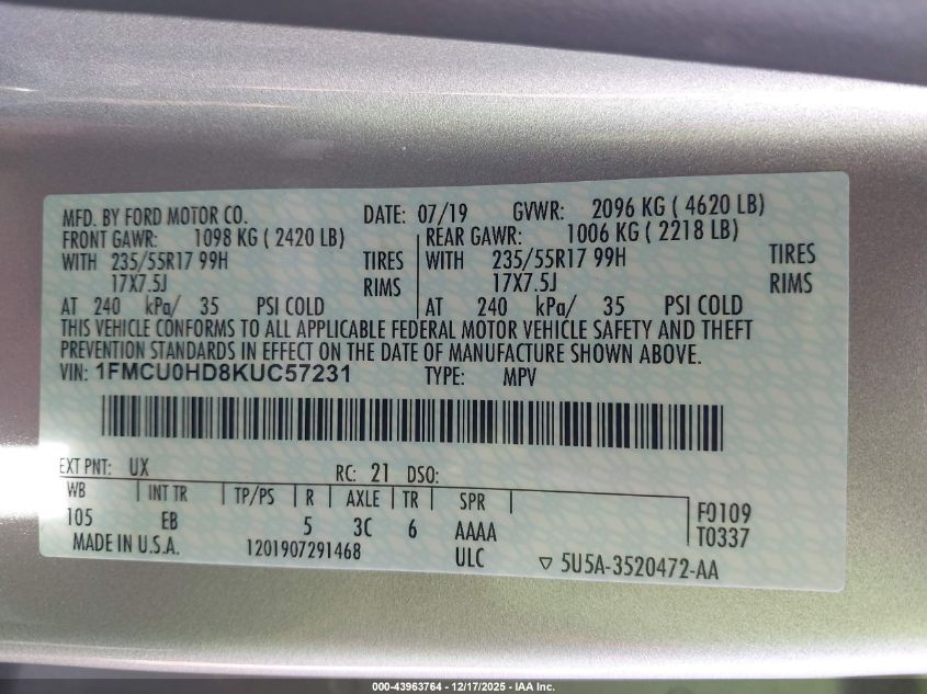 2019 Ford Escape Sel VIN: 1FMCU0HD8KUC57231 Lot: 43963764