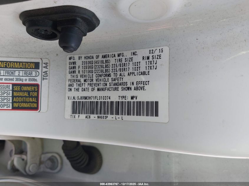 2015 Honda Cr-V Ex-L VIN: 5J6RM3H71FL010374 Lot: 43963767