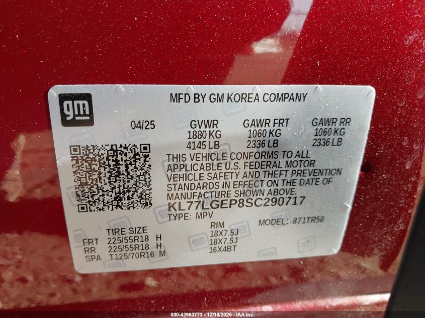 2025 Chevrolet Trax Fwd 1Rs VIN: KL77LGEP8SC290717 Lot: 43963773