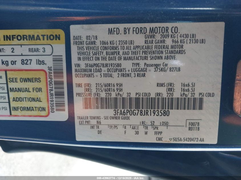 2018 Ford Fusion S VIN: 3FA6P0G78JR193580 Lot: 43963774