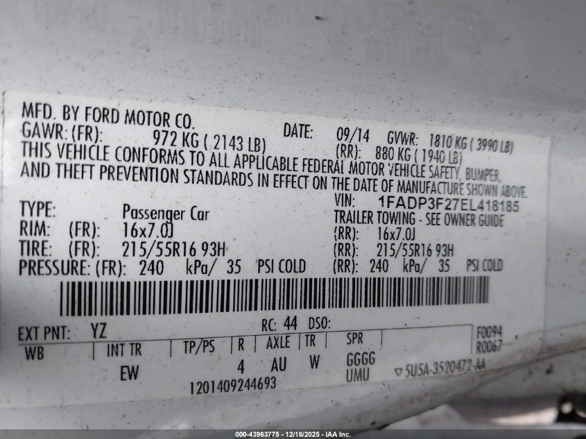 2014 Ford Focus Se VIN: 1FADP3F27EL418185 Lot: 43963775