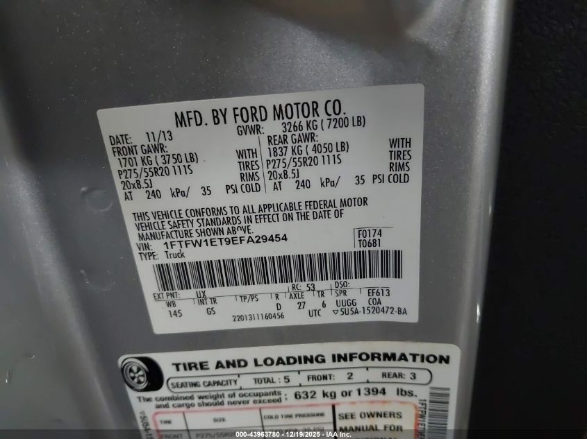 2014 Ford F-150 Xlt VIN: 1FTFW1ET9EFA29454 Lot: 43963780