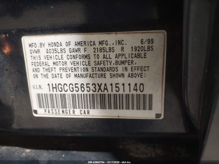 1999 Honda Accord Ex VIN: 1HGCG5653XA151140 Lot: 43963784