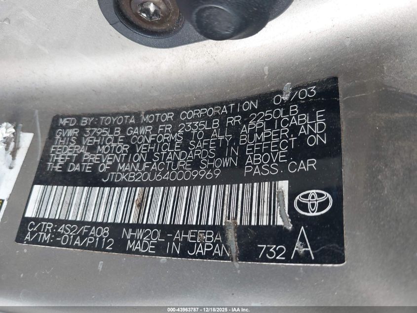 2004 Toyota Prius VIN: JTDKB20U640009969 Lot: 43963787