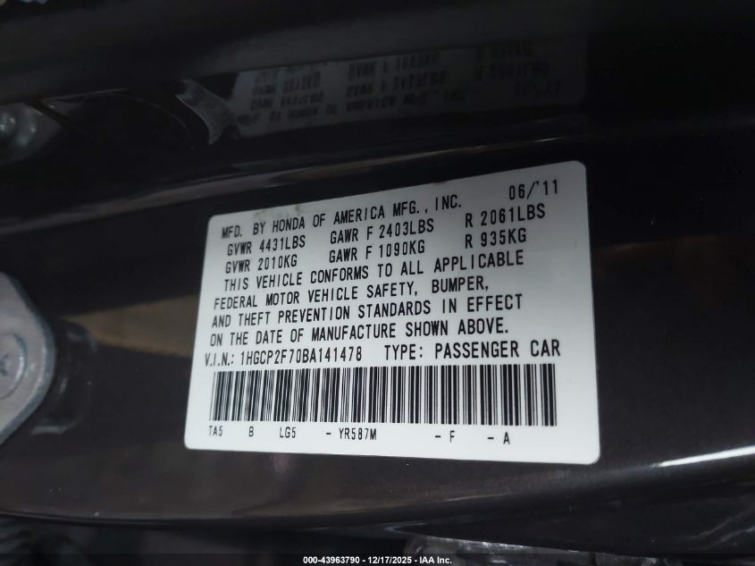 2011 Honda Accord 2.4 Ex VIN: 1HGCP2F70BA141478 Lot: 43963790