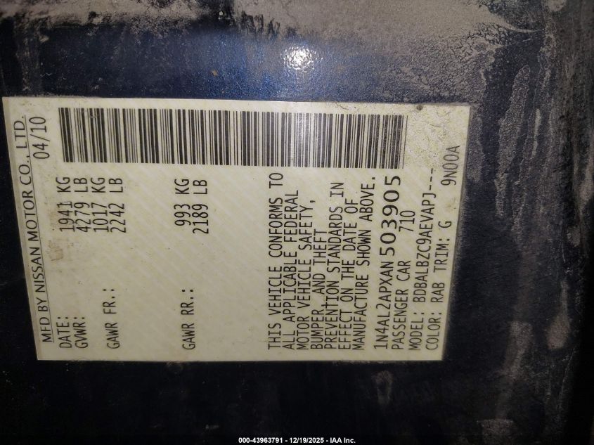 2010 Nissan Altima 2.5 S VIN: 1N4AL2APXAN503905 Lot: 43963791