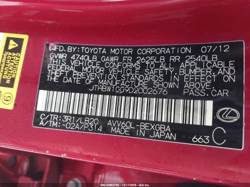 2013 Lexus Es 300H VIN: JTHBW1GG9D2002676 Lot: 43963792