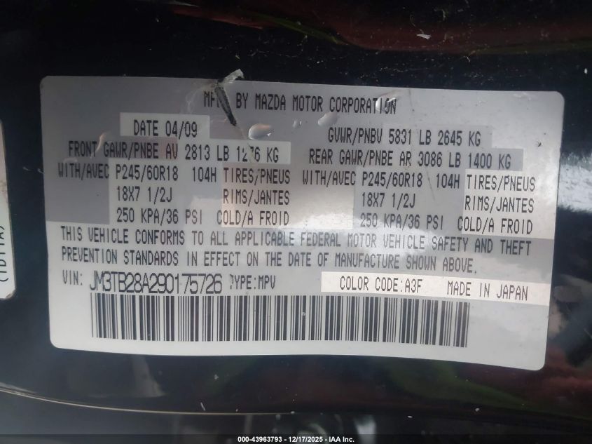 2009 Mazda Cx-9 Touring VIN: JM3TB28A290175726 Lot: 43963793