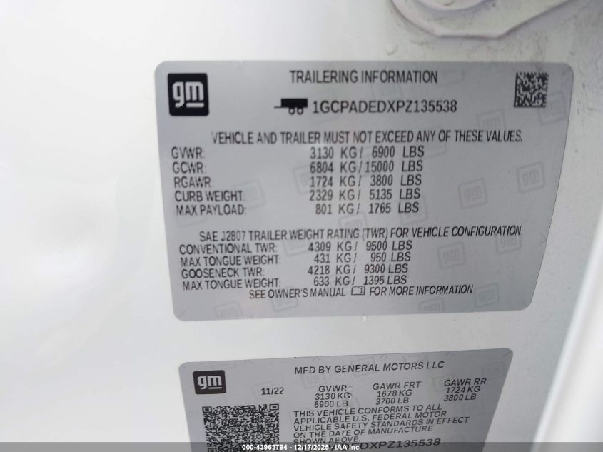 2023 Chevrolet Silverado 1500 2Wd Short Bed Rst VIN: 1GCPADEDXPZ135538 Lot: 43963794