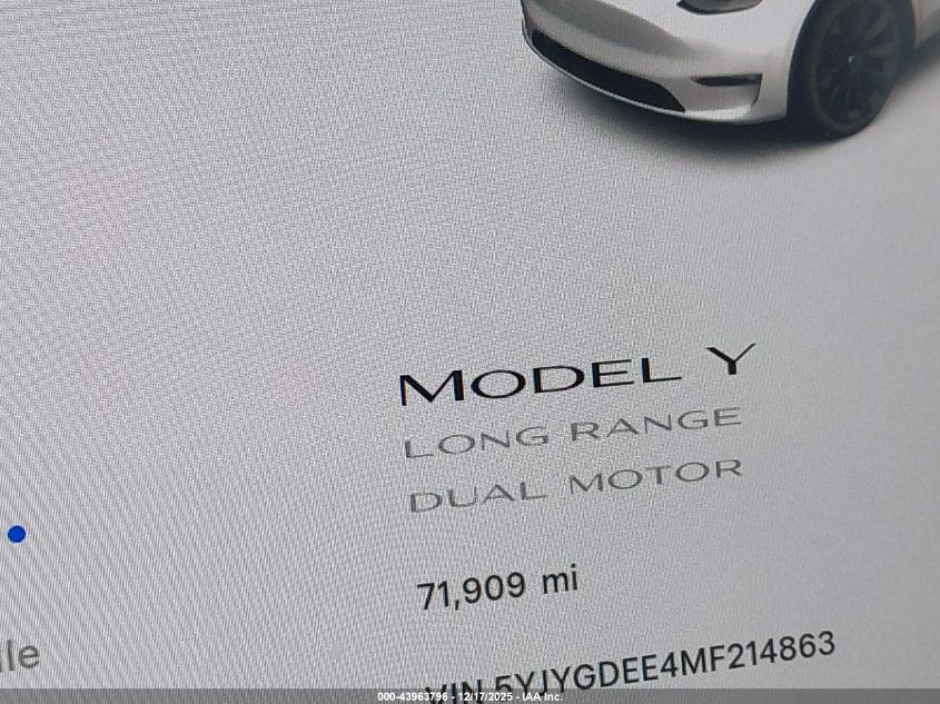 2021 Tesla Model Y Long Range Dual Motor All-Wheel Drive VIN: 5YJYGDEE4MF214863 Lot: 43963796