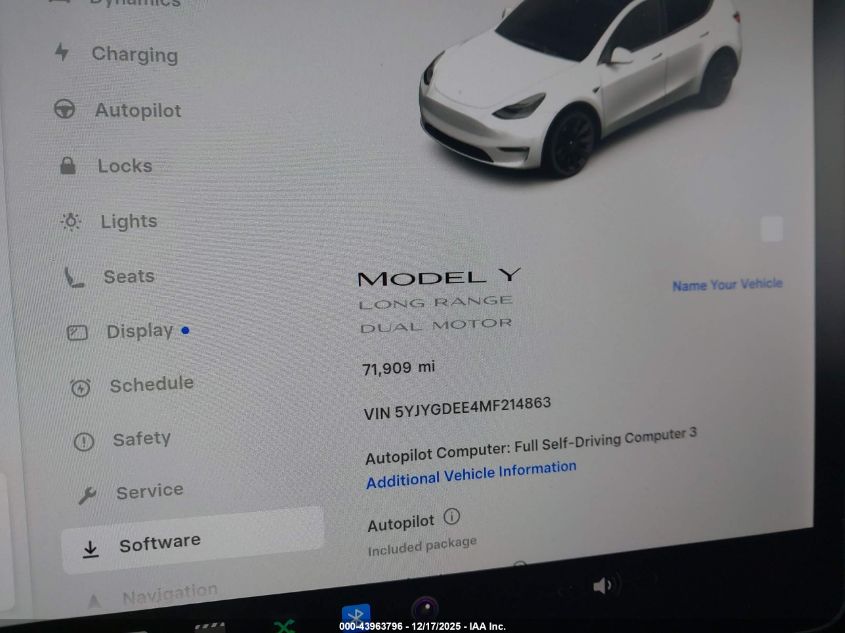 2021 Tesla Model Y Long Range Dual Motor All-Wheel Drive VIN: 5YJYGDEE4MF214863 Lot: 43963796