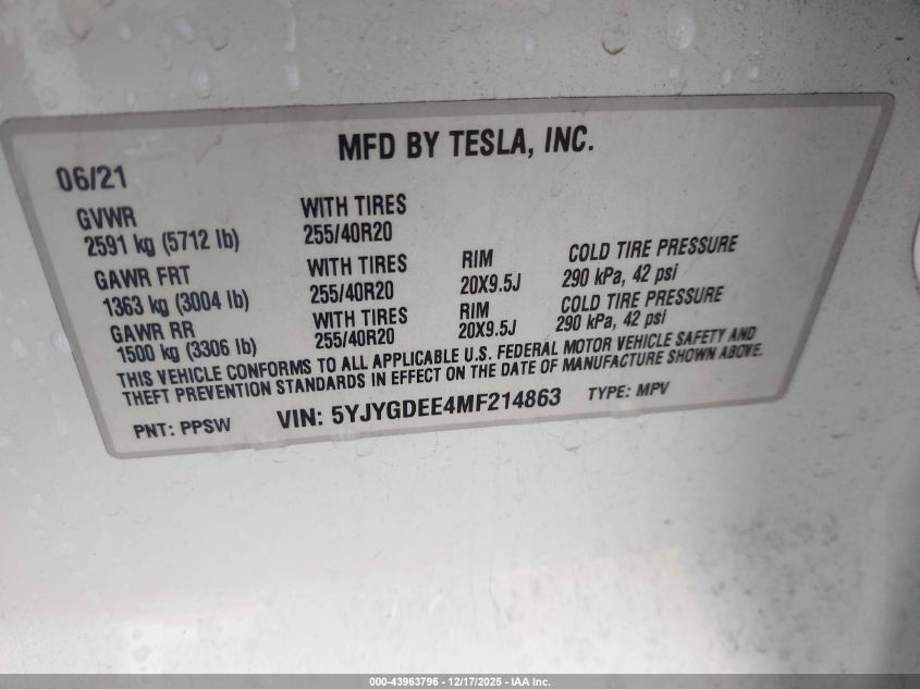 2021 Tesla Model Y Long Range Dual Motor All-Wheel Drive VIN: 5YJYGDEE4MF214863 Lot: 43963796