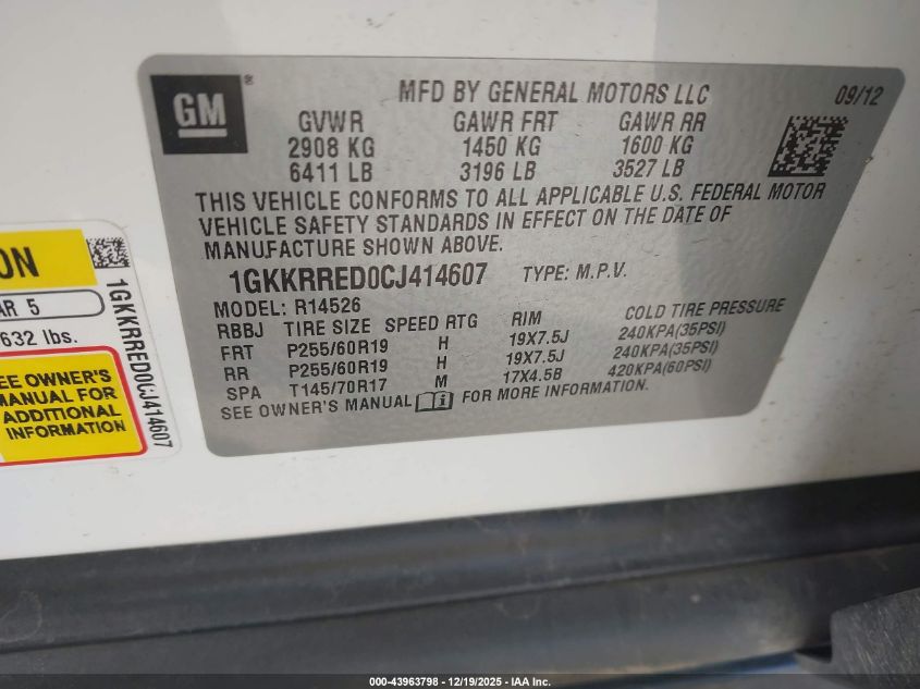 2012 GMC Acadia Slt-1 VIN: 1GKKRRED0CJ414607 Lot: 43963798