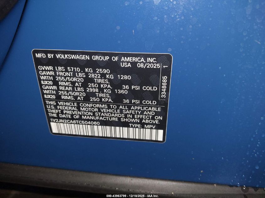2026 Volkswagen Atlas Se With Technology VIN: 1V2JN2CA6TC504060 Lot: 43963799
