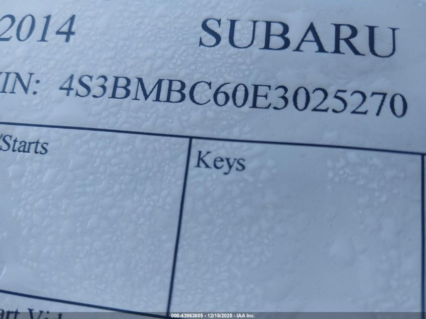 2014 Subaru Legacy 2.5I Premium VIN: 4S3BMBC60E3025270 Lot: 43963805