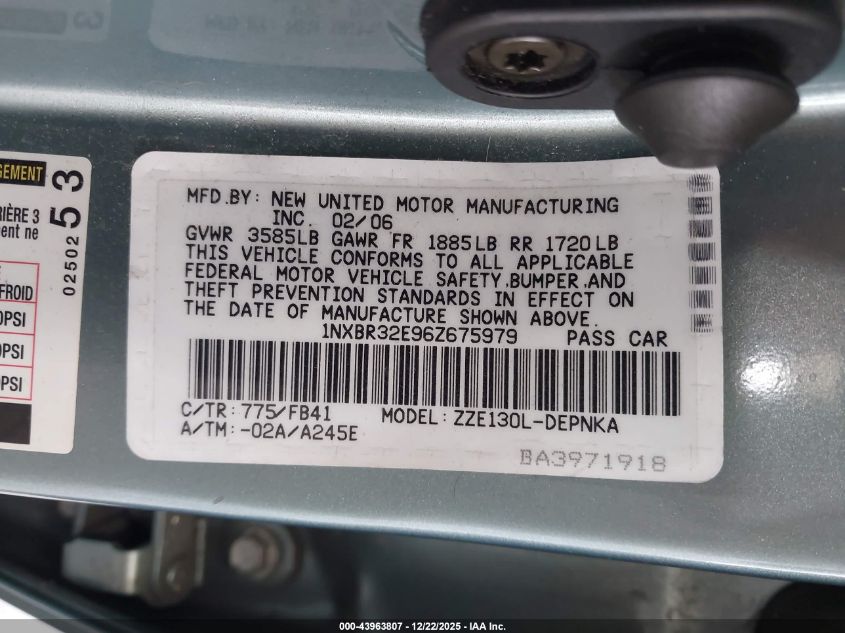 2006 Toyota Corolla Le VIN: 1NXBR32E96Z675979 Lot: 43963807