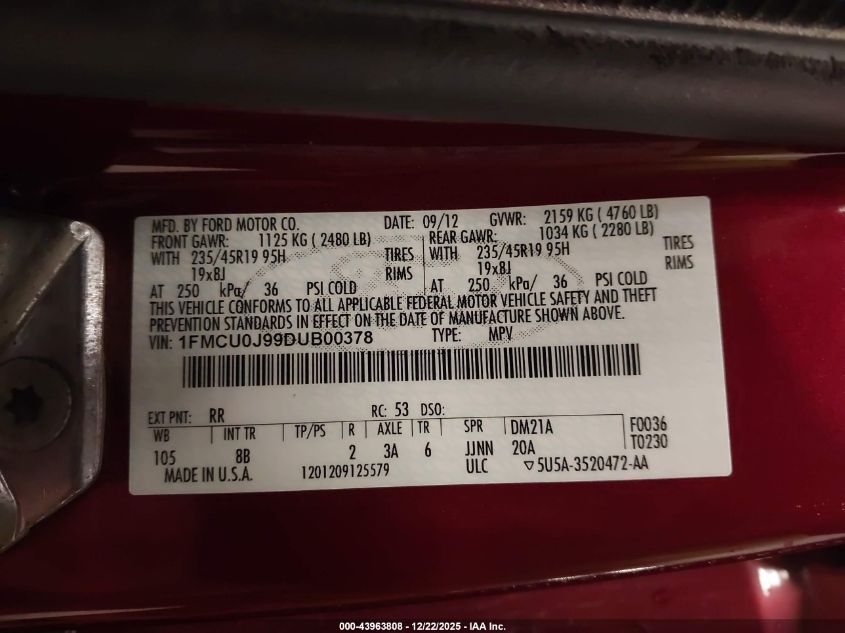 2013 Ford Escape Titanium VIN: 1FMCU0J99DUB00378 Lot: 43963808