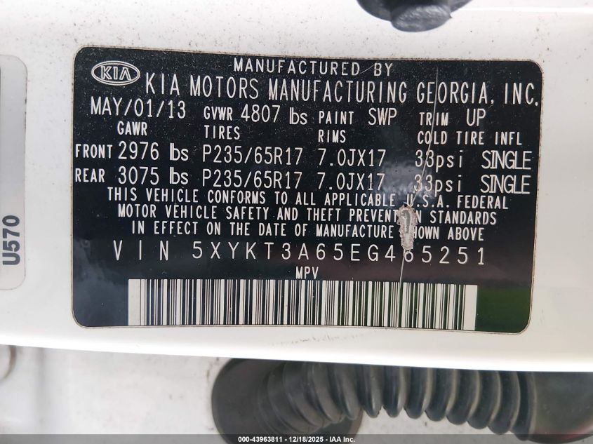 2014 Kia Sorento Lx VIN: 5XYKT3A65EG465251 Lot: 43963811