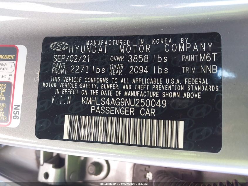 2022 Hyundai Elantra Sel VIN: KMHLS4AG9NU250049 Lot: 43963812
