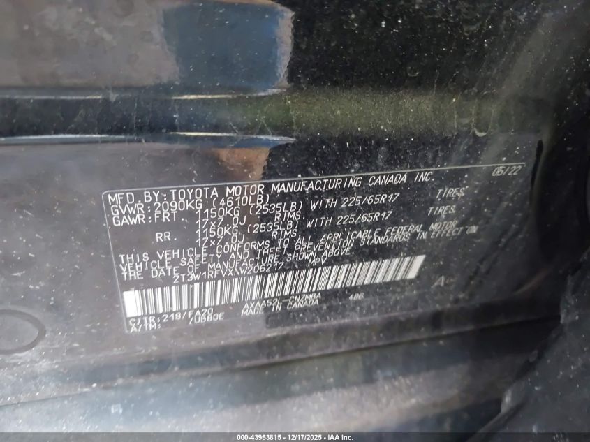 2022 Toyota Rav4 Xle VIN: 2T3W1RFVXNW206217 Lot: 43963815