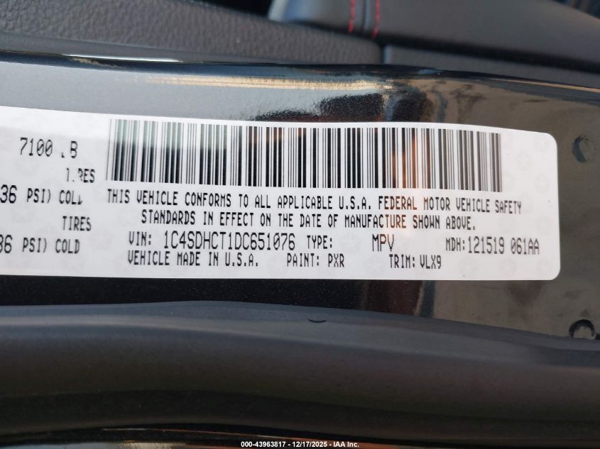 2013 Dodge Durango R/T VIN: 1C4SDHCT1DC651076 Lot: 43963817