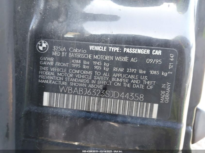 1995 BMW 325 Ic Automatic VIN: WBABJ6323SJD44358 Lot: 43963819