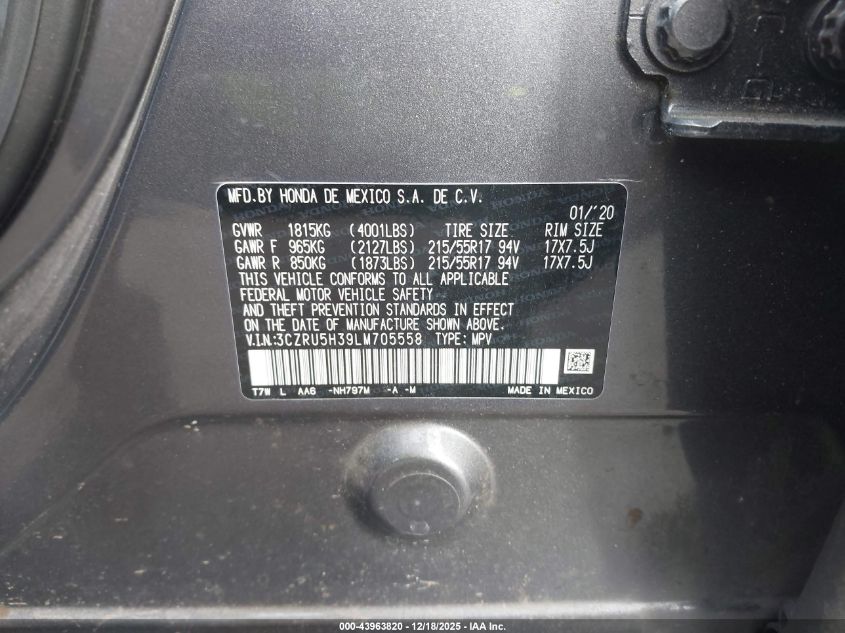 2020 Honda Hr-V 2Wd Lx VIN: 3CZRU5H39LM705558 Lot: 43963820