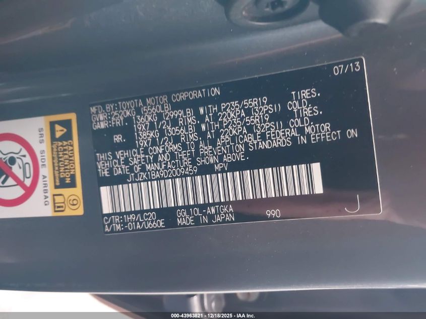 2013 Lexus Rx 350 VIN: JTJZK1BA9D2009459 Lot: 43963821