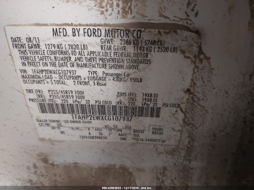 2012 Ford Taurus Sel VIN: 1FAHP2EWXCG107937 Lot: 43963822