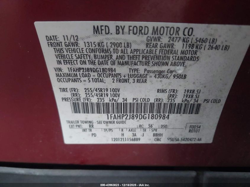 2013 Ford Taurus Limited VIN: 1FAHP2J89DG180984 Lot: 43963823