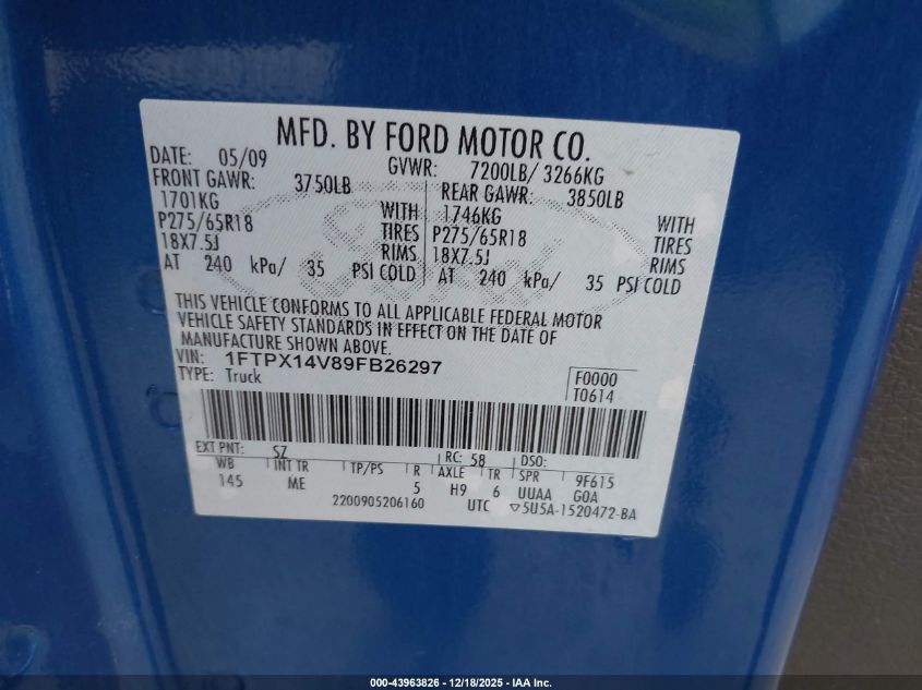 2009 Ford F-150 Xlt VIN: 1FTPX14V89FB26297 Lot: 43963826
