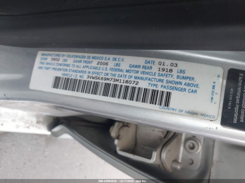 2003 Volkswagen Jetta Gls 2.0L VIN: 3VWSK69M73M118072 Lot: 43963830