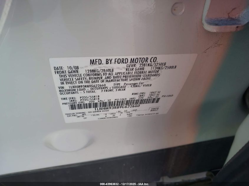 2009 Lincoln Mks VIN: 1LNHM93R89G622660 Lot: 43963832