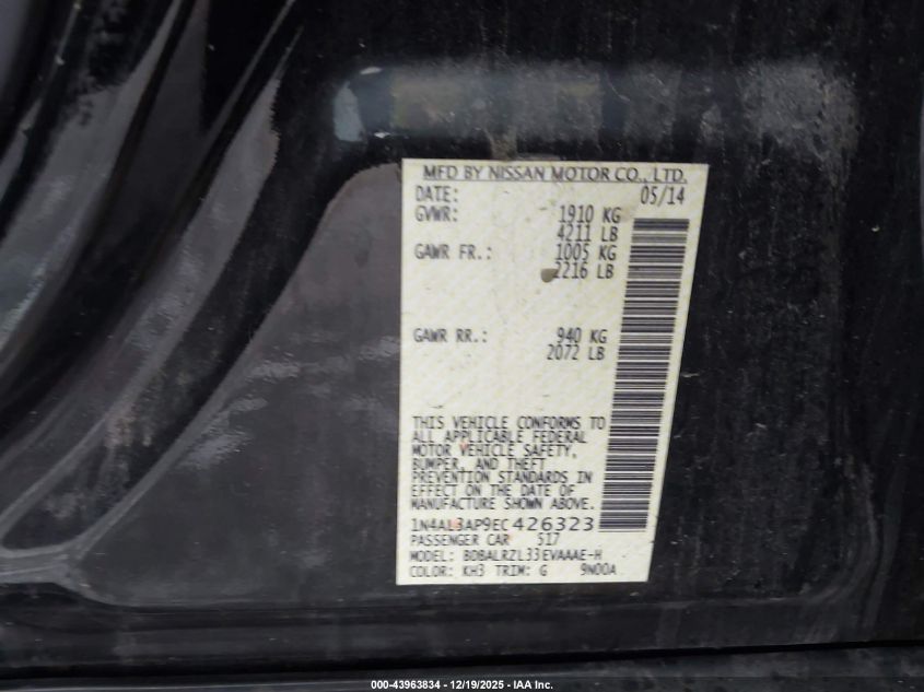 2014 Nissan Altima 2.5 S VIN: 1N4AL3AP9EC426323 Lot: 43963834