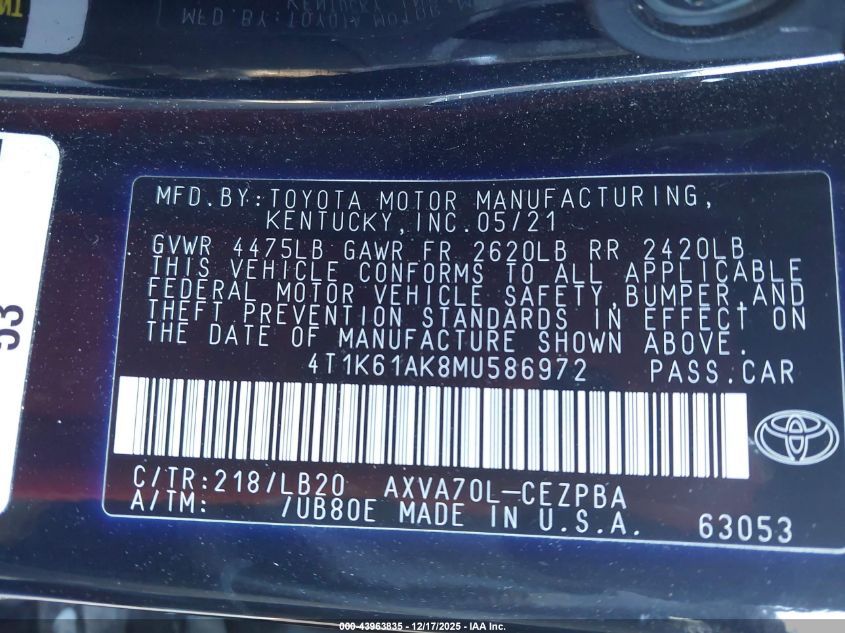 2021 Toyota Camry Xse VIN: 4T1K61AK8MU586972 Lot: 43963835