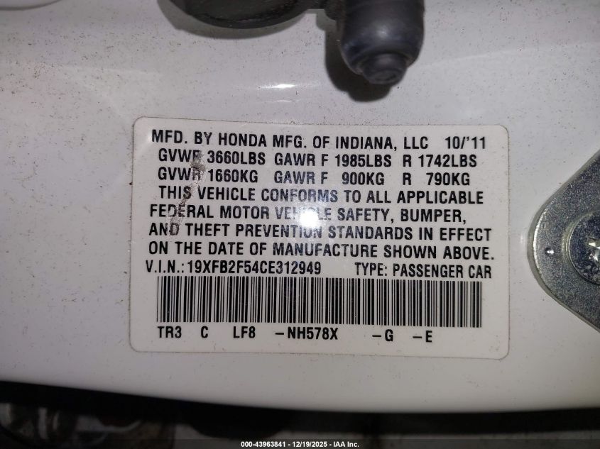 2012 Honda Civic Lx VIN: 19XFB2F54CE312949 Lot: 43963841