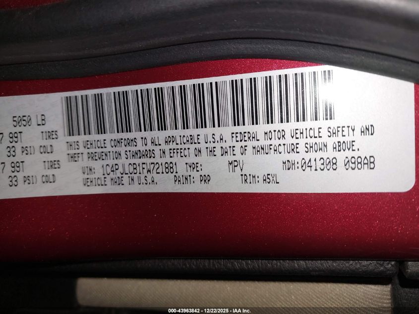 2015 Jeep Cherokee Latitude VIN: 1C4PJLCB1FW721881 Lot: 43963842