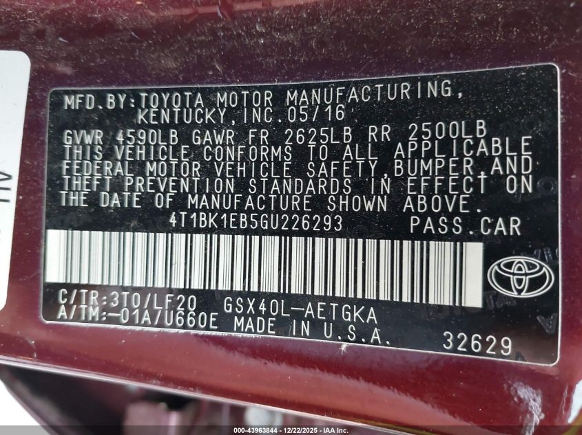 2016 Toyota Avalon Xle Premium VIN: 4T1BK1EB5GU226293 Lot: 43963844