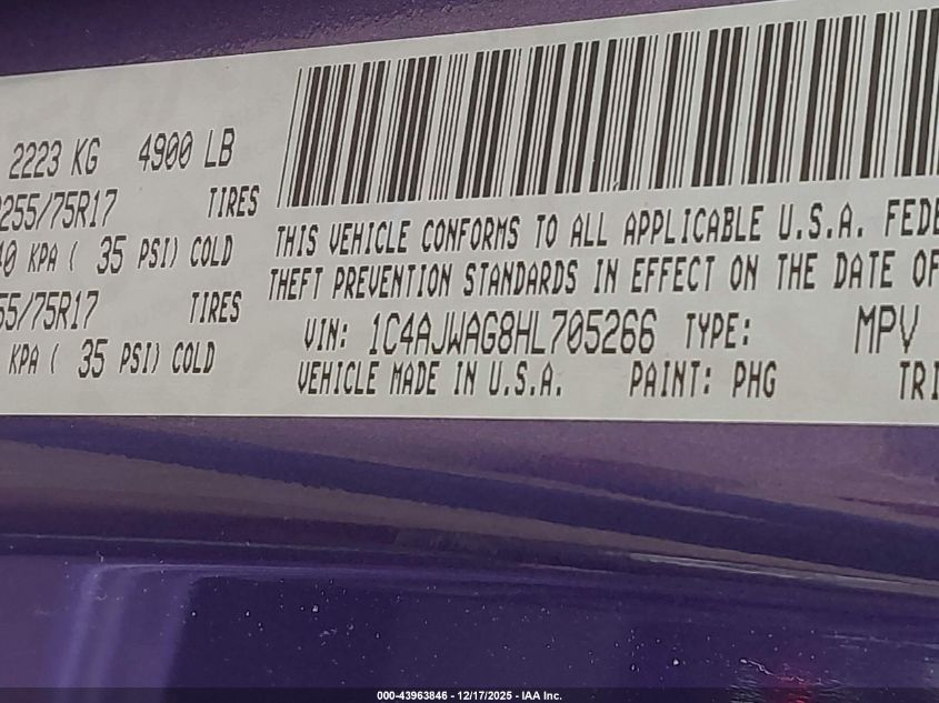 2017 Jeep Wrangler Sport 4X4 VIN: 1C4AJWAG8HL705266 Lot: 43963846
