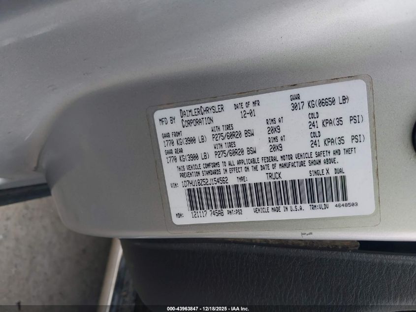 2002 Dodge Ram 1500 St VIN: 1D7HU18Z52J154562 Lot: 43963847