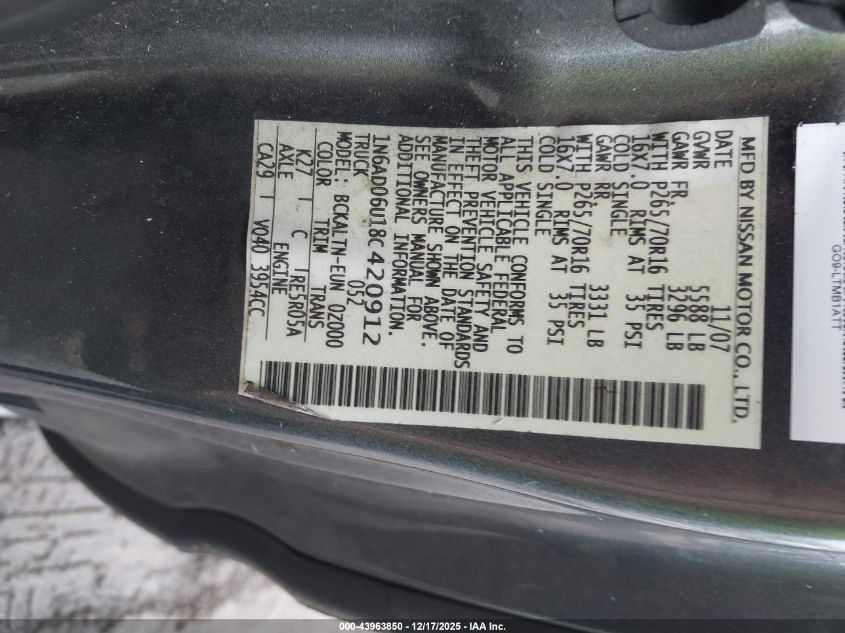 2008 Nissan Frontier Se VIN: 1N6AD06U18C420912 Lot: 43963850