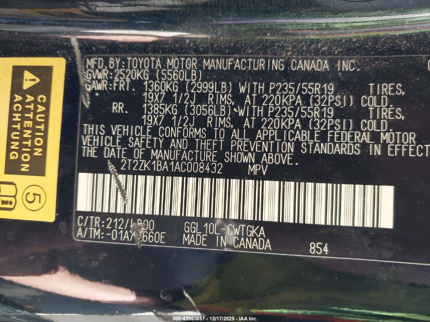 2010 Lexus Rx 350 VIN: 2T2ZK1BA1AC008432 Lot: 43963857