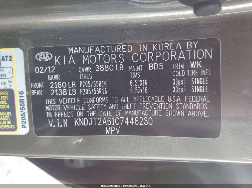 2012 Kia Soul + VIN: KNDJT2A61C7446230 Lot: 43963860