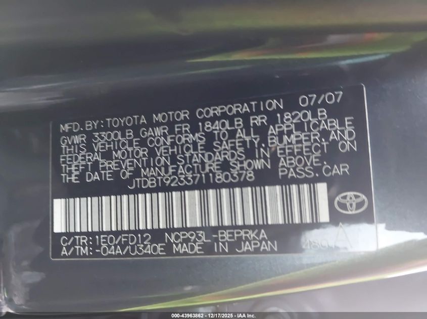 2007 Toyota Yaris VIN: JTDBT923371180378 Lot: 43963862