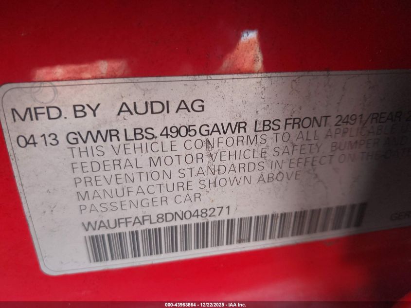 2013 Audi A4 2.0T Premium VIN: WAUFFAFL8DN048271 Lot: 43963864